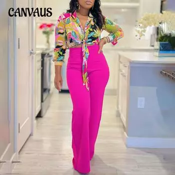 Весенне-осенний комплект женских рубашек и брюк, рубашка больших размеров с лацканами и длинными рукавами с принтом, топ, широкие брюки, комплект из двух предметов S