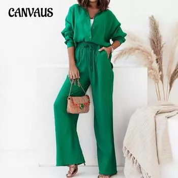 Весенне-осенний комплект женских рубашек из двух частей, свободная рубашка, широкие брюки, повседневный костюм