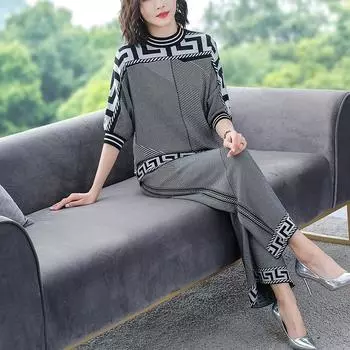 Весенне-осенний комплект женской трикотажной одежды из двух предметов: свободный топ и широкие брюки, повседневный спортивный костюм S коричневый