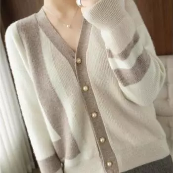 Весенне-осенний контрастный цвет 2022, кардиган, женский свитер с v-образным вырезом и длинными рукавами, свободный универсальный трикотаж с взрывным рисунком, свитер, пальто