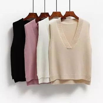 Весенне-осенний корейский универсальный жилет-свитер с V-образным вырезом, женский свободный крой, студенческий, без рукавов, вязаный жилет Camry с открытыми плечами из хлопка one size розовый