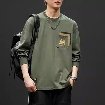 Весенне-осенний королевский синий свитер с круглым вырезом, мужской, большой размер, свободная, большой размер, хлопковая футболка с длинным рукавом, топ без шапки M королевский синий