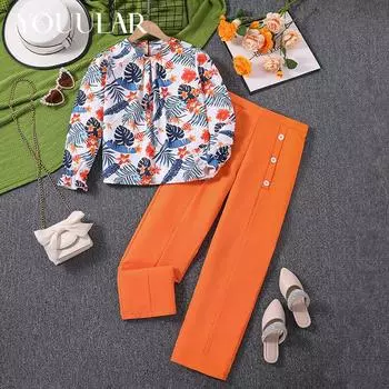 Весенне-осенний костюм для девочек-подростков, топ с длинными рукавами и цветочным принтом с растениями + свободные брюки, детская одежда из 2 предметов 7-8Y оранжевый