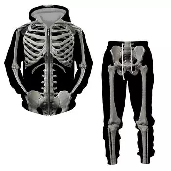 Весенне-осенний костюм для Хэллоуина, скелет Splanchna, спортивные костюмы на молнии с 3D принтом, мужские брюки с капюшоном, комплект из 2 предметов, уличные костюмы S