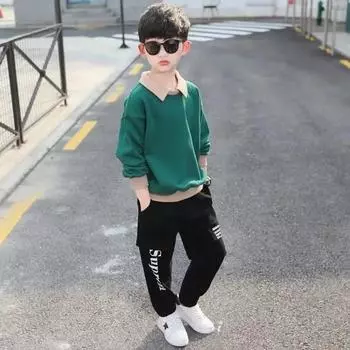 Костюм для мальчиков на весну и осень, однотонный топ с принтом и штаны, подростковый комплект из двух предметов 140