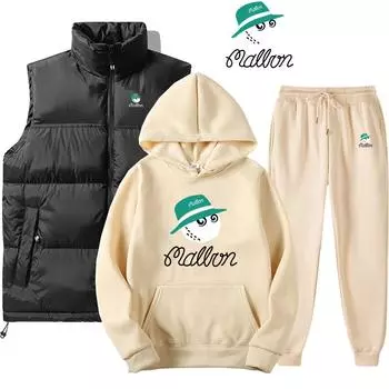 Весенне-осенний костюм с капюшоном для пары, осенне-зимний спортивный костюм из трех предметов: толстовка + жилет + брючный костюм S чёрный/оранжевый