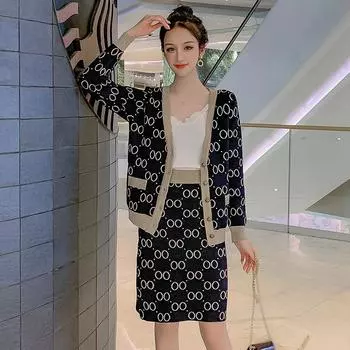 Весенне-осенний костюм, женский кардиган больших размеров, свитер, трикотажная юбка средней длины, тренд из двух частей