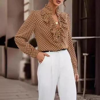 Весенне-осенний милый топ в горошек, водолазка с воротником, женская модная рубашка blusas mujer, женская элегантная рубашка с длинными рукавами и оборками M