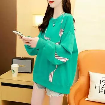 Весенне-осенний модный корейский дизайн с контрастным цветом, свободный универсальный тонкий женский свитер с круглым вырезом и длинным рукавом L зелёный