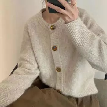 Весенне-осенний модный новый однотонный свитер с длинными рукавами и круглым вырезом, женский свободный вязаный кардиган в западном стиле, куртка One Size чёрный