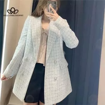 Весенне-осенний модный повседневный женский твидовый пиджак с длинными рукавами в стиле ретро, модный повседневный пиджак S