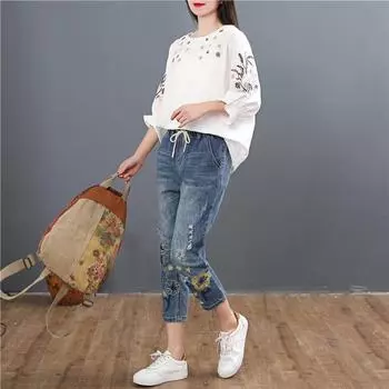 Весенне-осенний модный стиль, женские винтажные джинсы с вышивкой, женские повседневные джинсовые брюки с цветочным принтом, рваные шаровары S синий