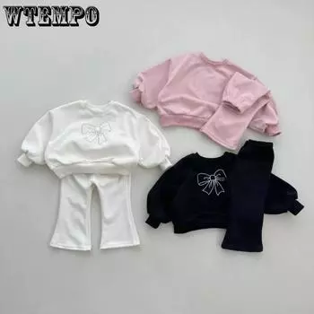 Весенне-осенний модный топ с длинными рукавами и бантом для маленьких девочек + однотонные расклешенные брюки, комплект из 2 предметов, детский хлопковый свитшот, детский спортивный костюм 80 чёрный