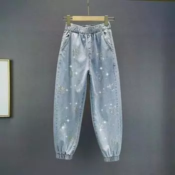 Весенне-осенний модный тренд для пожилого возраста с эластичной резинкой на талии и карманами с бриллиантами, повседневные джинсы со свободным ремешком и девятью точками XS синий