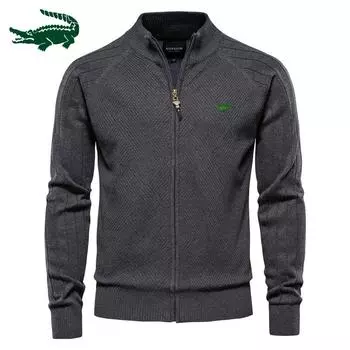 Весенне-осенний мужской кардиган, пальто, новый однотонный жаккардовый свитер-поло, повседневный вязаный свитер с высоким воротником M синий