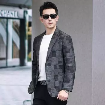 Весенне-осенний мужской костюм из натуральной кожи с принтом в ломаную клетку, повседневная деловая куртка для молодежи и мужчин среднего возраста 170