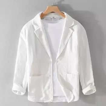 Весенне-осенний мужской однотонный повседневный костюм с длинными рукавами, льняной свободный молодежный модный костюм XXXL белый