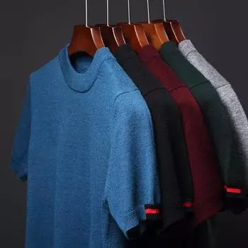 Весенне-осенний мужской свитер с короткими рукавами, свитер с круглым вырезом, однотонный повседневный свитер с полуводолазкой, модная рубашка в корейском стиле M красный