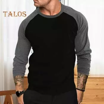 Весенне-осенний мужской топ, соответствующий цвету, круглый вырез, свободный пуловер, большие размеры, рукава реглан, эластичная повседневная спортивная футболка, лоскутный нижний топ S темно-синий