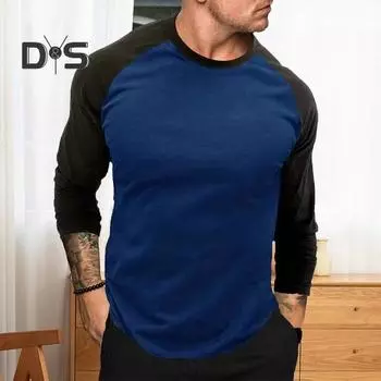 Весенне-осенний мужской топ, соответствующий цвету, круглый вырез, свободный пуловер, большие размеры, рукава реглан, эластичная повседневная спортивная футболка, лоскутный нижний топ S чёрный