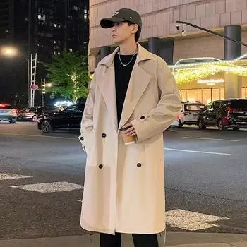 Весенне-осенний мужской тренчкот средней длины в английском стиле с лацканами M чёрный