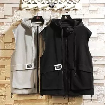 Весенне-осенний мужской жилет, куртка большого размера, однотонная куртка с капюшоном, повседневный жилет в стиле хип-хоп 7XL чёрный