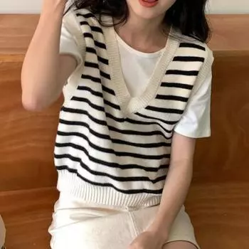 Весенне-осенний нежный ленивый ветер V-образный вырез полосатый вязаный жилет для женщин свободный и универсальный свитер жилет для наружного использования S абрикосовый
