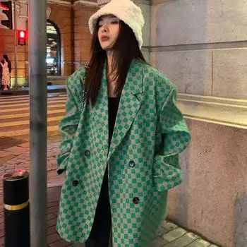 Весенне-осенний новый корейский стиль, темпераментный зеленый клетчатый костюм, пальто, женское повседневное свободное модное пальто