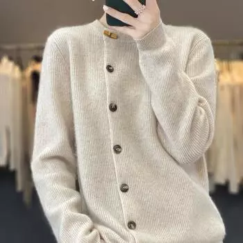 Весенне-осенний новый шерстяной кардиган с круглым вырезом, женское вязаное пальто с роговыми пуговицами, свободный свитер, топ S