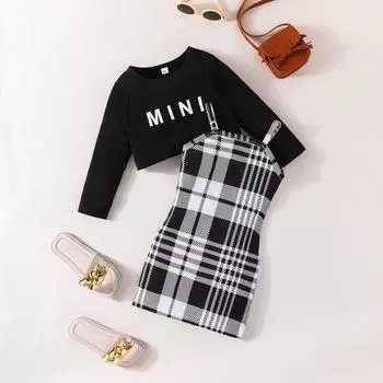 Весенне-осенний новый топ с длинными рукавами и буквами для девочек + клетчатое платье с лямкой на шее, костюм из двух предметов, модный костюм для детей 2-8 лет 100cm чёрный