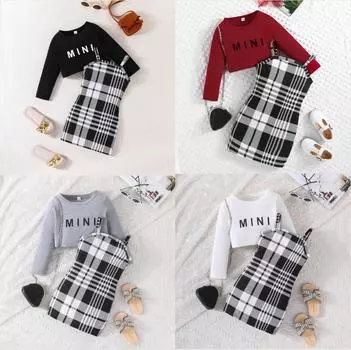 Весенне-осенний новый топ с длинными рукавами и буквами для девочек + клетчатое платье с лямкой на шее, костюм из двух предметов, модный костюм для детей 2-8 лет 100cm чёрный