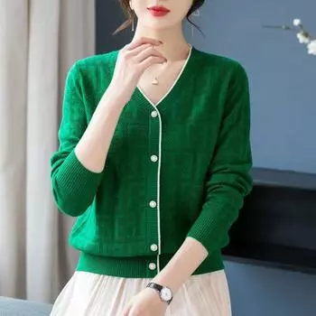 Весенне-осенний новый вязаный кардиган для мамы, свитер, женская футболка с v-образным вырезом, женский уменьшающий возраст топ S-3XL S зелёный