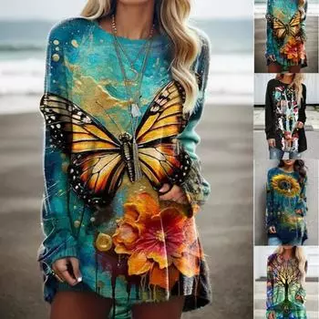 Весенне-осенний новый женский модный топ для отдыха с 3D желтым принтом бабочки, женский топ с круглым вырезом и длинными рукавами реглан XS-8XL 8XL