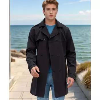 Весенне-осенний однотонный европейский и американский тренчкот с длинными рукавами, мужская приталенная двубортная повседневная куртка с лацканами XS чёрный