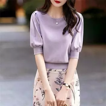 Весенне-осенний однотонный повседневный легкий трикотаж, женские свитера с короткими рукавами, футболки, пуловеры, топы, свободные эластичные рубашки с круглым вырезом M фиолетовый