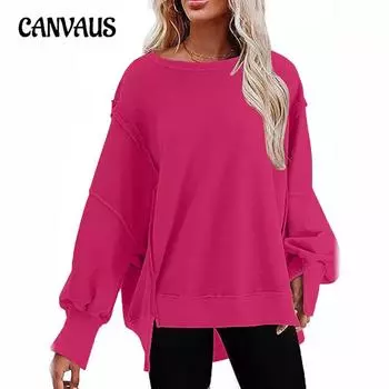 Весенне-осенний однотонный пуловер с круглым вырезом и длинными рукавами, длинный повседневный свободный свитшот больших размеров для женщин S темно-синий