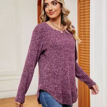 Весенне-осенний однотонный топ для женщин, свободная футболка с длинным рукавом и круглым вырезом S светло-серый