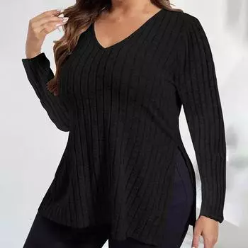 Весенне-осенний однотонный женский топ больших размеров с v-образным вырезом и длинными рукавами, футболка с разрезом, тонкий пуловер 5XL чёрный