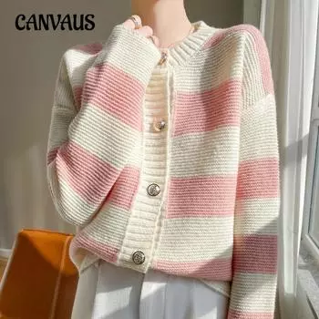 Весенне-осенний полосатый вязаный свитер с круглым вырезом, женские топы, короткий свитер, куртка-кардиган M чёрный