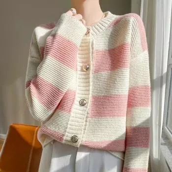 Весенне-осенний полосатый вязаный свитер с круглым вырезом, женские топы, короткий свитер, куртка-кардиган M чёрный