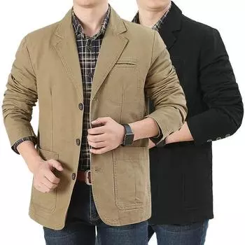 Весенне-осенний повседневный мужской пиджак из чистого хлопка, мужская корейская версия, универсальный пиджак для полных людей среднего возраста большого размера M хаки