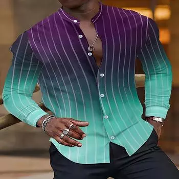 Весенне-осенний сезон Европейская и американская цифровая печать полосатый градиент модный тренд рубашка с воротником-стойкой на 7 пуговицах с длинными рукавами S