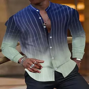 Весенне-осенний сезон Европейская и американская цифровая печать полосатый градиент модный тренд рубашка с воротником-стойкой на 7 пуговицах с длинными рукавами S