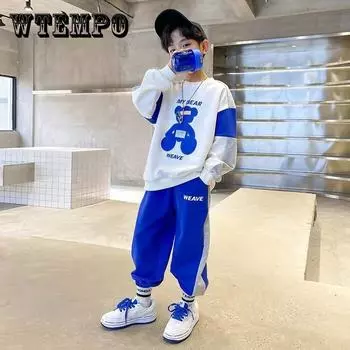 Весенне-осенний спортивный костюм из двух частей для мальчиков, контрастный цветной дизайн, пуловер, свитер, спортивные штаны, удобный свободный детский костюм для отдыха 170