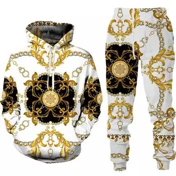 Весенне-осенний стиль барокко, толстовки с принтом/брюки/спортивный костюм, мужской и женский костюм из двух предметов, Harajuku, большие мужские комплекты свитшотов S