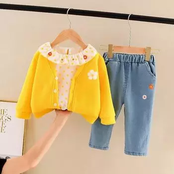 Весенне-осенний стиль, пальто с длинными рукавами, костюм-тройка, корейский стиль, одежда для девочек и детей 100 жёлтый