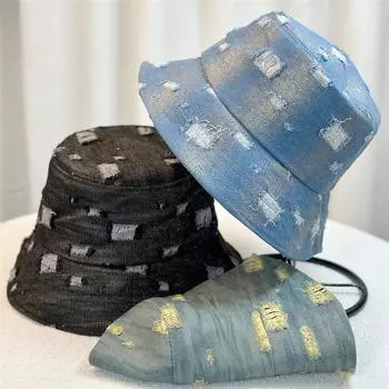 Весенне-осенний стиль, потертая джинсовая шляпа рыбака, винтажная шляпа-тазик, художественная молодежная шляпа-ведро, солнцезащитная шляпа рыбака 56-58CM чёрный
