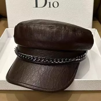 Весенне-осенний стиль путешествия темперамент универсальная кепка британский ретро PU цепь черная шляпа с плоским верхом женская личность берет прилив M56-58cm чёрный