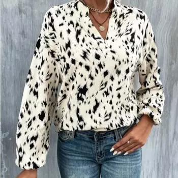Весенне-осенний стиль, женская рубашка, пуловер с v-образным вырезом и длинными рукавами, блузки, топы, модная атласная повседневная свободная уличная одежда с леопардовым принтом S коричневый