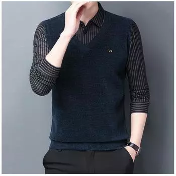 Весенне-осенний свитер из синели, мужской вязаный свитер из двух частей, модный повседневный мужской деловой свитер с воротником, мужская рубашка M